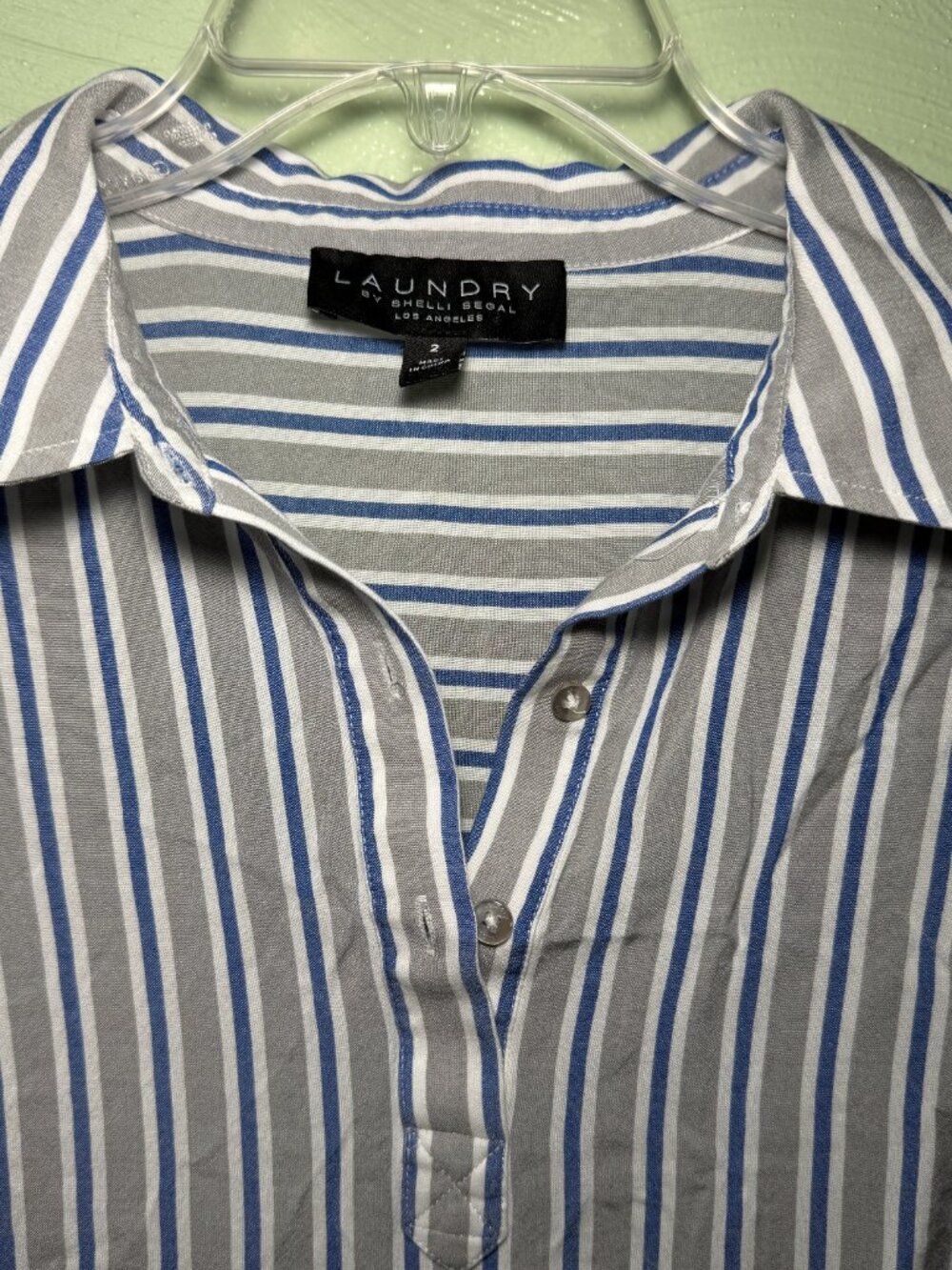 Laundry by Shelli Segal Size 2 Blue Gray Striped Smocked Cuff Blouse - Picture 5 of 6